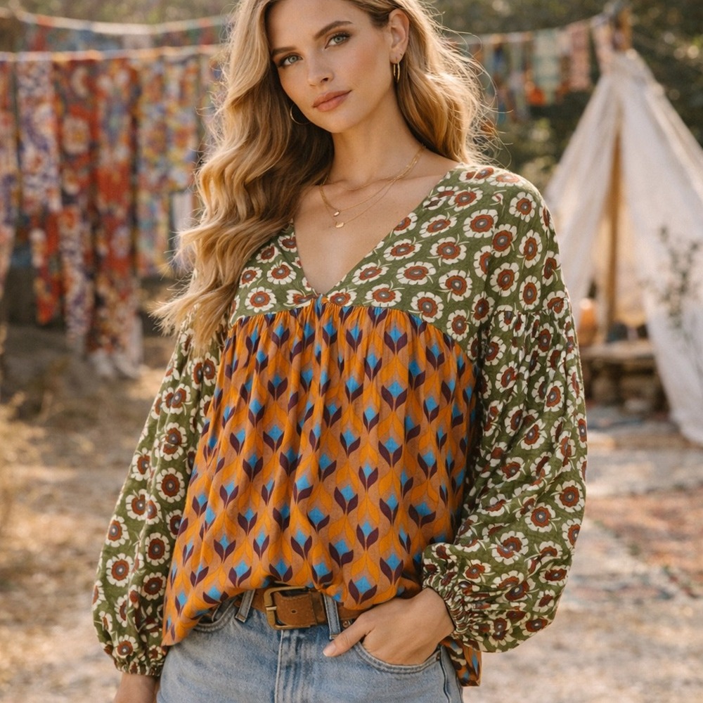 Bucket List Boho Floral Patchwork‎ Peasant Blouse women Green Orange Small artsy